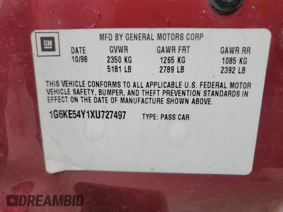 1999 Cadillac DeVille DHS z VIN 1G6KE54Y1XU727497, wystawiony jako Copart lot #56031715 z przebiegiem 76 245 mil mil oraz Szkoda całkowita • Salvage title. Historia ofert i sprzedaży dostępna na DreamBid. Obrazek 12.