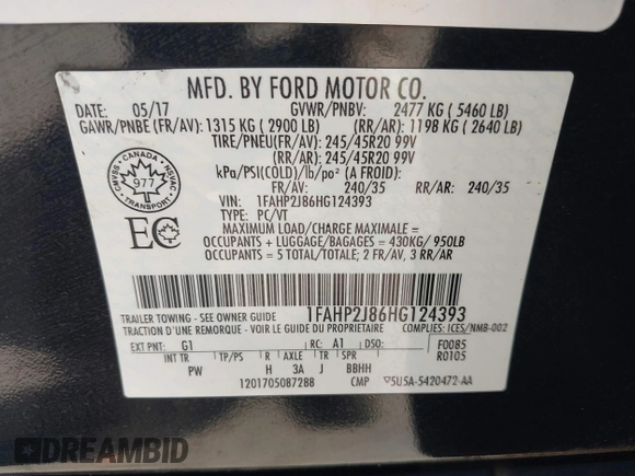 2017 Ford Taurus Limited with VIN 1FAHP2J86HG124393, listed as a IAAI auction lot 41658158 with 151,290 mi miles and . Bid and sale history available at DreamBid. Image 9.