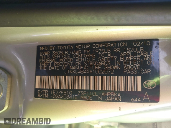 2010 Scion xD with VIN JTKKU4B4XA1002072, listed as a IAAI auction lot 42137673 with 143,660 mi miles and . Bid and sale history available at DreamBid. Image 9.