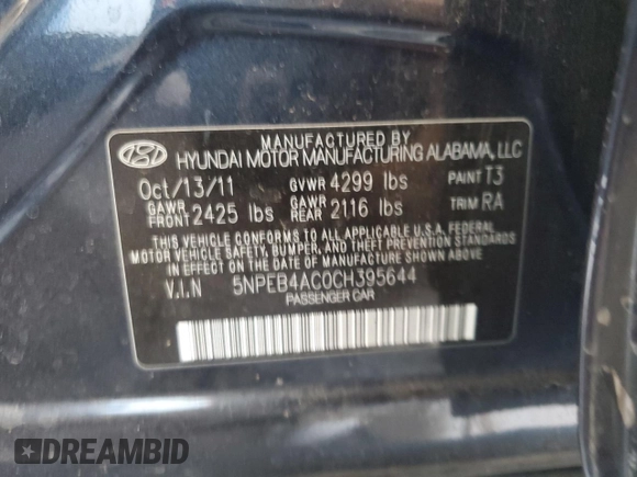 2012 Hyundai Sonata GLS with VIN 5NPEB4AC0CH395644, listed as a Copart auction lot 54337935 with 113,446 mi miles and Clean Title. Bid and sale history available at carsss.com. Image 12.