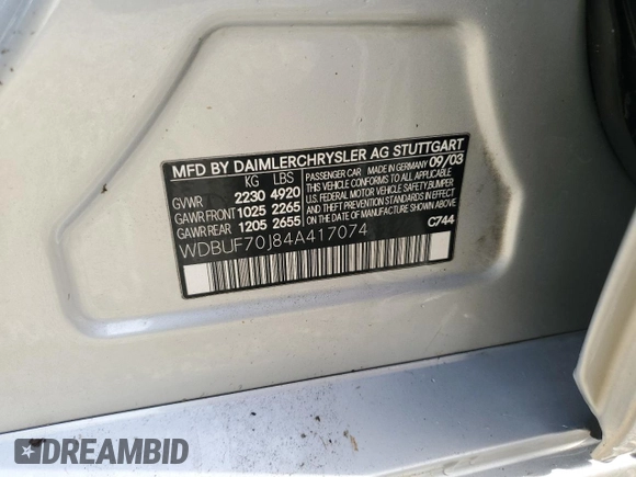 2004 Mercedes-Benz E-Class 5.0L with VIN WDBUF70J84A417074, listed as a Copart auction lot 74665074 with 0 mi miles and Salvage Title. Bid and sale history available at carsss.com. Image 13.