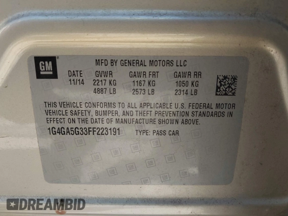 2015 Buick LaCrosse with VIN 1G4GA5G33FF223191, listed as a IAAI auction lot 42258580 with 60,722 mi miles and . Bid and sale history available at DreamBid. Image 9.