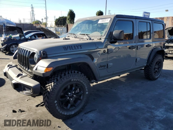 2020 Jeep Wrangler Unlimited Willys with VIN 1C4HJXDG5LW348507, listed as a Copart auction lot 77000574 with 57,056 mi miles and Salvage title. Bid and sale history available at DreamBid. Image 1.