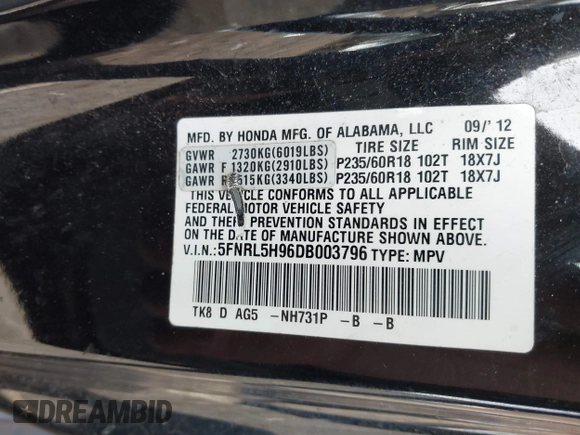 2013 Honda Odyssey Touring with VIN 5FNRL5H96DB003796, listed as a IAAI auction lot 41828376 with 6,308 mi miles and . Bid and sale history available at carsss.com. Image 9.