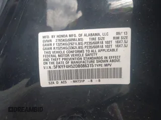 2013 Honda Pilot EX-L with VIN 5FNYF4H52DB086315, listed as a IAAI auction lot 42232272 with 181,764 mi miles and . Bid and sale history available at DreamBid. Image 9.