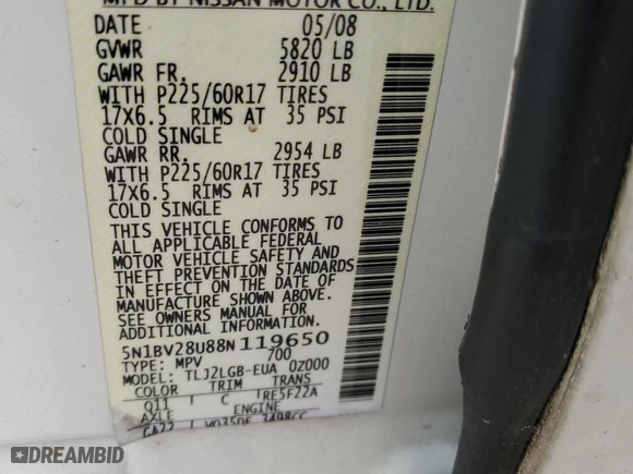 2008 Nissan Quest SE with VIN 5N1BV28U88N119650, listed as a Copart auction lot 84724794 with 0 mi miles and Salvage Title. Bid and sale history available at carsss.com. Image 16.