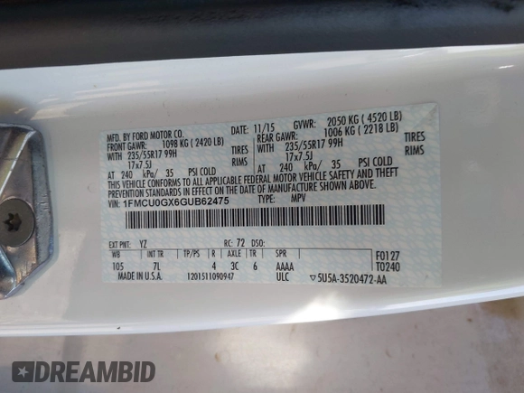 2016 Ford Escape SE with VIN 1FMCU0GX6GUB62475, listed as a IAAI auction lot 42006621 with 189,757 mi miles and . Bid and sale history available at carsss.com. Image 9.