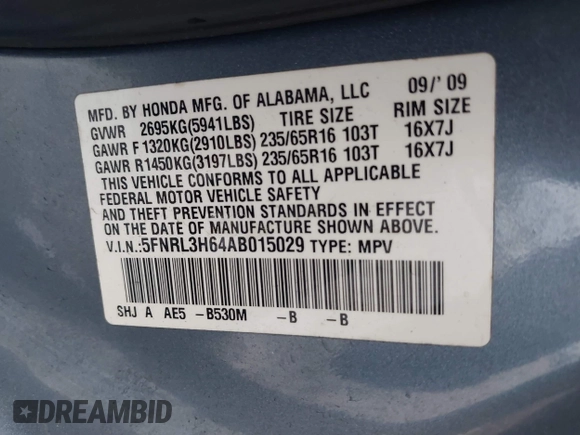 2010 Honda Odyssey EX-L with VIN 5FNRL3H64AB015029, listed as a IAAI auction lot 41962577 with 173,170 mi miles. Bid and sale history available at carsss.com. Image 9.