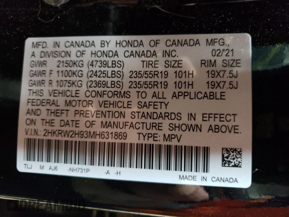 2021 Honda CR-V Touring с VIN 2HKRW2H93MH631869, выставлен на аукционе Copart как лот 59923925 с пробегом 35 141 миль миль и Списание • Salvage title. История ставок и продаж доступна на DreamBid. Изображение 14.