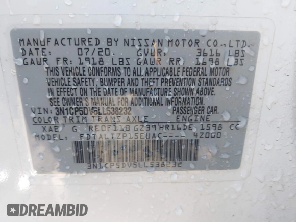2020 Nissan Kicks SR with VIN 3N1CP5DV5LL538232, listed as a IAAI auction lot 41761012 with 107,012 mi miles and . Bid and sale history available at carsss.com. Image 9.