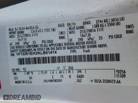2019 Ford Ranger XL with VIN 1FTER1EH2KLB01414, listed as a Copart auction lot 88994655 with 0 mi miles and Salvage Title. Bid and sale history available at carsss.com. Image 12.