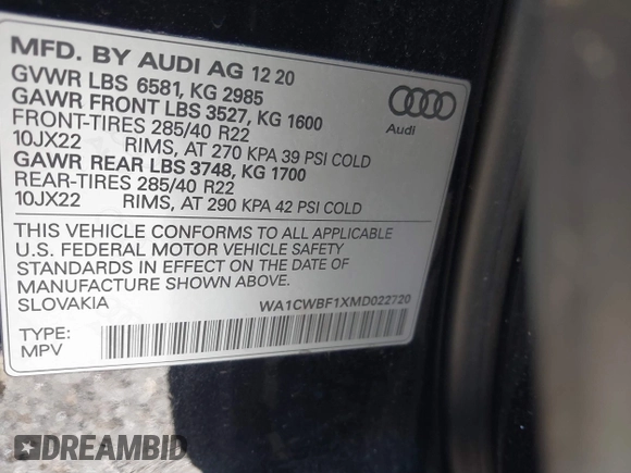 2021 Audi SQ8 Prestige z VIN WA1CWBF1XMD022720, wystawiony jako IAAI lot #41316629 z przebiegiem Nie podano mil oraz . Historia ofert i sprzedaży dostępna na DreamBid. Obrazek 9.