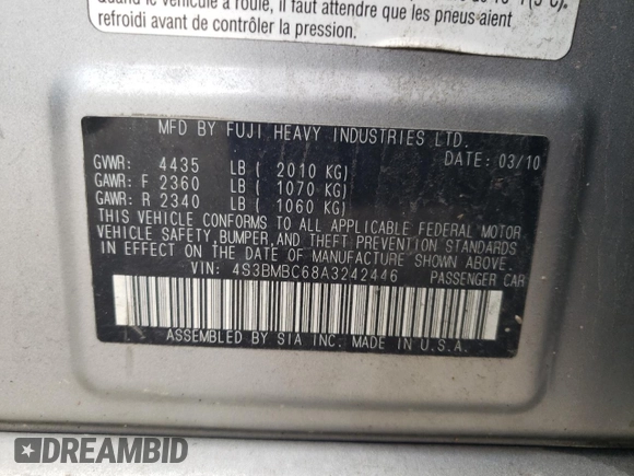 2010 Subaru Legacy Premium All-Weather Anniversary z VIN 4S3BMBC68A3242446, wystawiony jako Copart lot #51546125 z przebiegiem 190 700 mil mil oraz Czysty tytuł • Clean title. Historia ofert i sprzedaży dostępna na DreamBid. Obrazek 12.