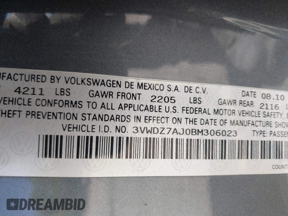 2011 Volkswagen Jetta Sedan SE PZEV with VIN 3VWDZ7AJ0BM306023, listed as a IAAI auction lot 42059241 with 176,879 mi miles. Bid and sale history available at carsss.com. Image 9.