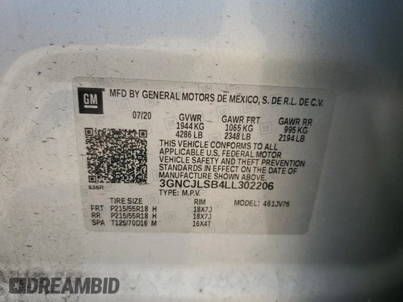 2020 Chevrolet Trax LT with VIN 3GNCJLSB4LL302206, listed as a Copart auction lot 62803015 with 154,836 mi miles and Salvage title. Bid and sale history available at DreamBid. Image 13.
