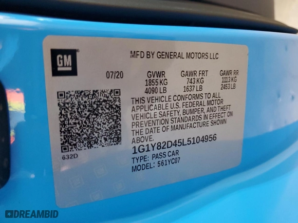 2020 Chevrolet Corvette 3LT with VIN 1G1Y82D45L5104956, listed as a Copart auction lot 54175685 with 49,295 mi miles and Salvage Title. Bid and sale history available at carsss.com. Image 13.