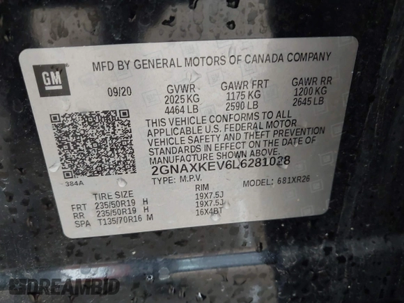2020 Chevrolet Equinox LT with VIN 2GNAXKEV6L6281028, listed as a IAAI auction lot 41702355 with 50,385 mi miles and . Bid and sale history available at carsss.com. Image 9.