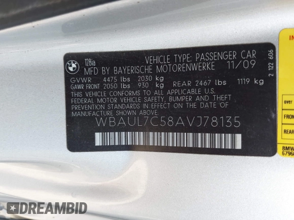 2010 BMW 1 Series 128i with VIN WBAUL7C58AVJ78135, listed as a IAAI auction lot 41615767 with 107,384 mi miles and . Bid and sale history available at DreamBid. Image 9.