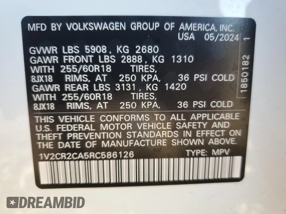2024 Volkswagen Atlas Peak Edition SE with VIN 1V2CR2CA5RC586126, listed as a Copart auction lot 80706084 with 5,106 mi miles and Salvage title. Bid and sale history available at DreamBid. Image 14.