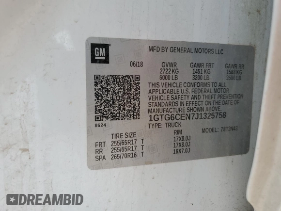 2018 GMC Canyon 4WD All Terrain w/Cloth with VIN 1GTG6CEN7J1325758, listed as a Copart auction lot 72206964 with 83,297 mi miles and Salvage Title. Bid and sale history available at carsss.com. Image 12.
