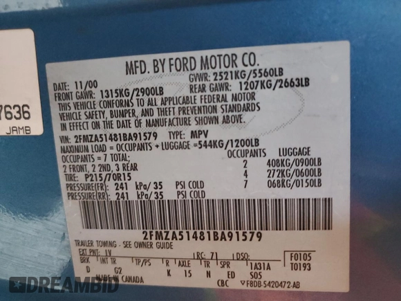 2001 Ford Windstar LX z VIN 2FMZA51481BA91579, wystawiony jako Copart lot #56981515 z przebiegiem 81 898 mil mil oraz Tytuł czysty. Historia ofert i sprzedaży dostępna na DreamBid. Obrazek 13.