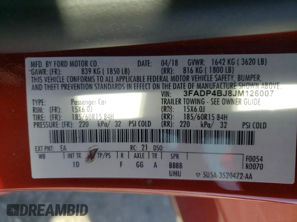 2018 Ford Fiesta SE with VIN 3FADP4BJ8JM126007, listed as a Copart auction lot 51071125 with 113,261 mi miles and Salvage Title. Bid and sale history available at DreamBid. Image 12.
