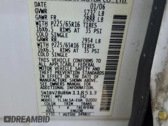 2006 Nissan Quest S Special Edition z VIN 5N1BV28U86N118513, wystawiony jako Copart lot #76749234 z przebiegiem Nie podano mil oraz Szkoda całkowita • Salvage title. Historia ofert i sprzedaży dostępna na DreamBid. Obrazek 13.