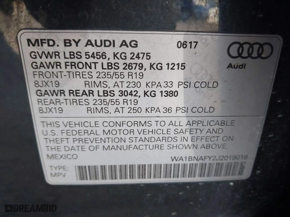 2018 Audi Q5 Premium Plus with VIN WA1BNAFY2J2019016, listed as a IAAI auction lot 41213051 with 90,174 mi miles. Bid and sale history available at carsss.com. Image 9.