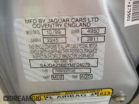 2000 Jaguar XJ with VIN SAJDA25B8YMF04079, listed as a Copart auction lot 50592595 with 131,647 mi miles and Salvage title. Bid and sale history available at DreamBid. Image 12.