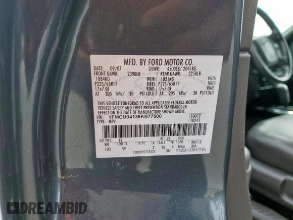 2008 Ford Escape Limited z VIN 1FMCU04138KB77500, wystawiony jako Copart lot #51249415 z przebiegiem 106 667 mil mil oraz Szkoda całkowita • Salvage title. Historia ofert i sprzedaży dostępna na DreamBid. Obrazek 12.