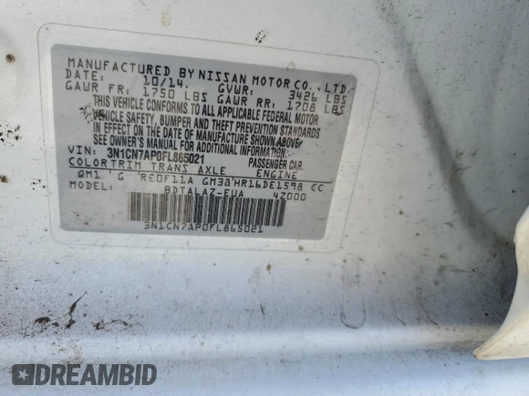 2015 Nissan Versa SV with VIN 3N1CN7AP0FL865021, listed as a Copart auction lot 65637455 with 139,738 mi miles and Salvage title. Bid and sale history available at DreamBid. Image 13.