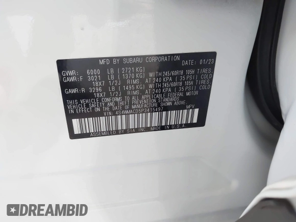 2023 Subaru Ascent Premium z VIN 4S4WMACD5P3415497, wystawiony jako IAAI lot #41399600 z przebiegiem 44 580 mil mil oraz . Historia ofert i sprzedaży dostępna na DreamBid. Obrazek 9.