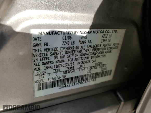 2006 Nissan Altima 2.5 S with VIN 1N4AL11D76C176785, listed as a Copart auction lot 87598135 with 0 mi miles and Salvage Title. Bid and sale history available at carsss.com. Image 12.