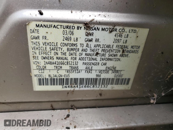 2006 Nissan Maxima 3.5 SE with VIN 1N4BA41E66C852132, listed as a Copart auction lot 46291915 with 0 mi miles and Salvage Title. Bid and sale history available at carsss.com. Image 12.