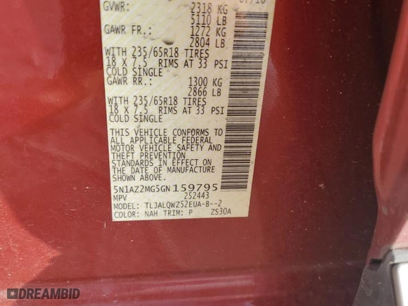 2016 Nissan Murano SL with VIN 5N1AZ2MG5GN159795, listed as a Copart auction lot 79245384 with 107,939 mi miles and Salvage Title. Bid and sale history available at carsss.com. Image 13.