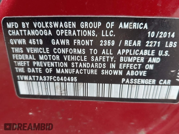 2015 Volkswagen Passat Limited Edition Edition z VIN 1VWAT7A37FC040495, wystawiony jako IAAI lot #42228267 z przebiegiem 203 105 mil mil oraz . Historia ofert i sprzedaży dostępna na DreamBid. Obrazek 9.