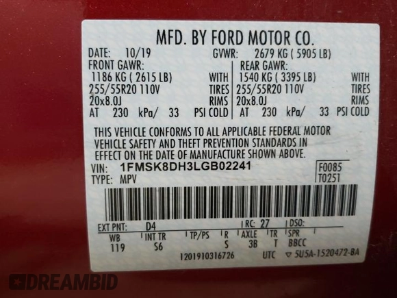 2020 Ford Explorer XLT with VIN 1FMSK8DH3LGB02241, listed as a Copart auction lot 53352625 with 36,009 mi miles and Salvage Title. Bid and sale history available at carsss.com. Image 13.