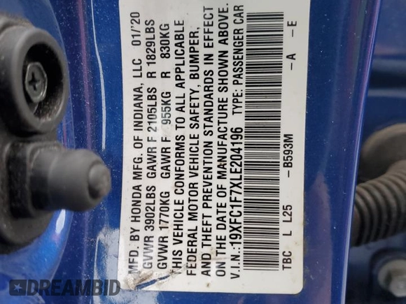 2020 Honda Civic Sedan EX-L with VIN 19XFC1F7XLE204196, listed as a Copart auction lot 49874965 with 70,907 mi miles and Salvage Title. Bid and sale history available at carsss.com. Image 13.