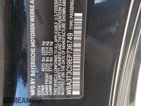2014 BMW 4 Series 435i with VIN WBA3T3C59EP736749, listed as a Copart auction lot 76011404 with 48,815 mi miles and Salvage title. Bid and sale history available at DreamBid. Image 12.