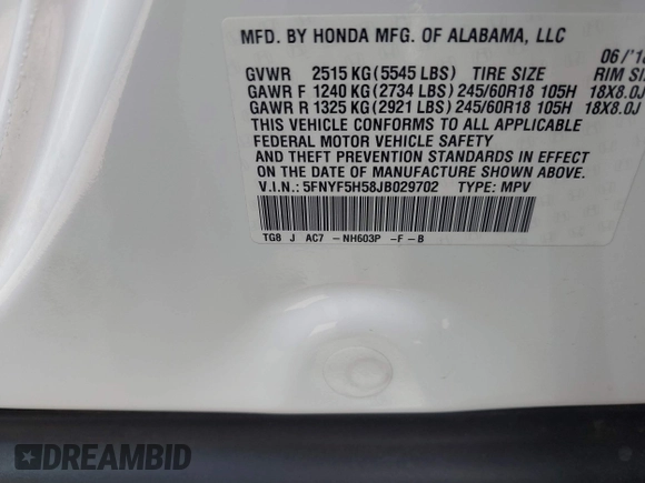 2018 Honda Pilot EX-L with VIN 5FNYF5H58JB029702, listed as a IAAI auction lot 41920659 with 43,851 mi miles. Bid and sale history available at carsss.com. Image 9.