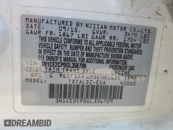 2016 Nissan Note S Plus with VIN 3N1CE2CP0GL356709, listed as a Copart auction lot 49576985 with 155,516 mi miles and Clean Title. Bid and sale history available at DreamBid. Image 13.