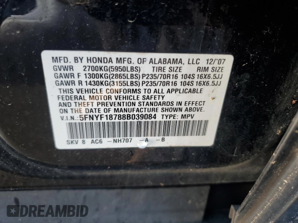 2008 Honda Pilot EX-L z VIN 5FNYF18788B039084, wystawiony jako Copart lot #83198494 z przebiegiem 201 213 mil mil oraz Czysty tytuł • Clean title. Historia ofert i sprzedaży dostępna na DreamBid. Obrazek 13.