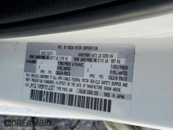 2021 Mazda 6 Touring with VIN JM1GL1VM0M1612027, listed as a Copart auction lot 48262185 with 67,568 mi miles and Salvage Title. Bid and sale history available at DreamBid. Image 13.