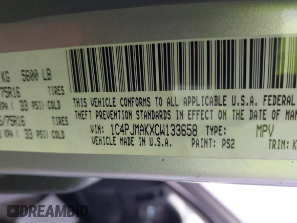 2012 Jeep Liberty Sport with VIN 1C4PJMAKXCW133658, listed as a IAAI auction lot 41814977 with 128,328 mi miles and . Bid and sale history available at carsss.com. Image 9.