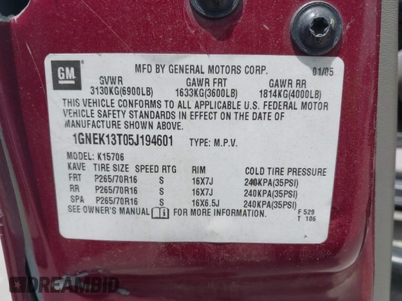 2005 Chevrolet Tahoe LT z VIN 1GNEK13T05J194601, wystawiony jako IAAI lot #42360797 z przebiegiem 250 024 mil mil oraz . Historia ofert i sprzedaży dostępna na DreamBid. Obrazek 9.