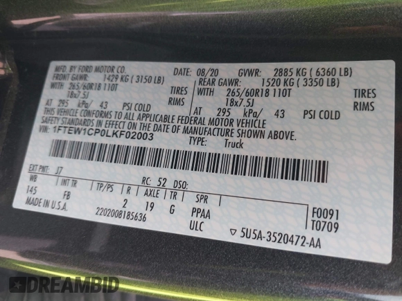 2020 Ford F-150 XL z VIN 1FTEW1CP0LKF02003, wystawiony jako IAAI lot #42431211 z przebiegiem 94 023 mil mil oraz . Historia ofert i sprzedaży dostępna na DreamBid. Obrazek 9.
