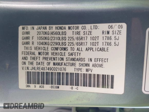 2009 Honda CR-V EX-L with VIN JHLRE48749C021076, listed as a IAAI auction lot 41884588 with 149,091 mi miles and . Bid and sale history available at carsss.com. Image 9.