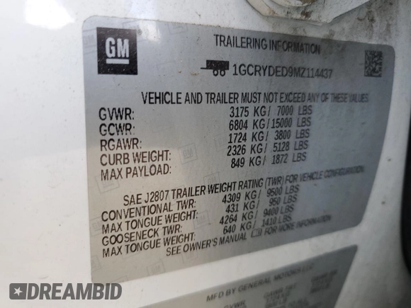 2021 Chevrolet Silverado 1500 LT with VIN 1GCRYDED9MZ114437, listed as a Copart auction lot 72253114 with Not Provided miles and Salvage Title. Bid and sale history available at DreamBid. Image 13.