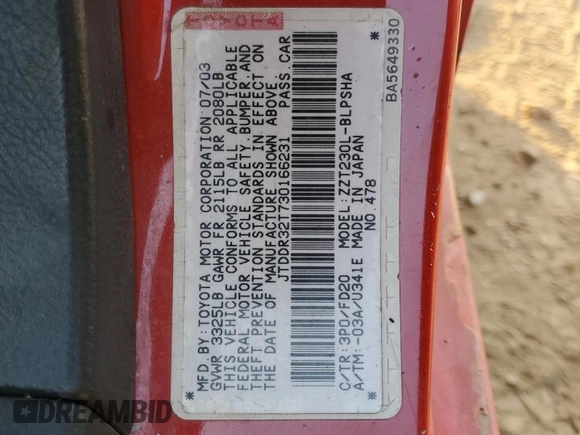 2003 Toyota Celica GT with VIN JTDDR32T730166231, listed as a Copart auction lot 74441834 with 187,022 mi miles and Salvage Title. Bid and sale history available at carsss.com. Image 15.