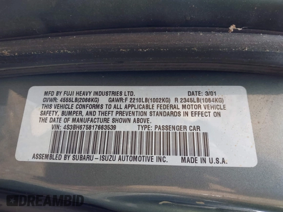 2001 Subaru Legacy Outback with VIN 4S3BH675817663539, listed as a IAAI auction lot 42311358 with 175,577 mi miles and . Bid and sale history available at DreamBid. Image 9.